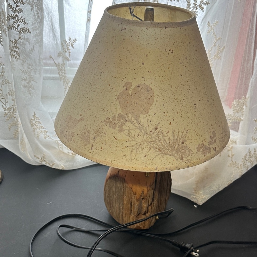a vintage, hand-carved wood table lamp with pheasant and turkey shade decor